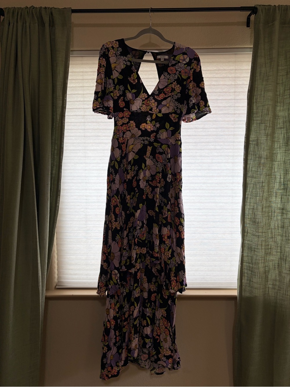 AFRM Black High-Low Floral Maxi Dress with Lavender & Pink Blossoms